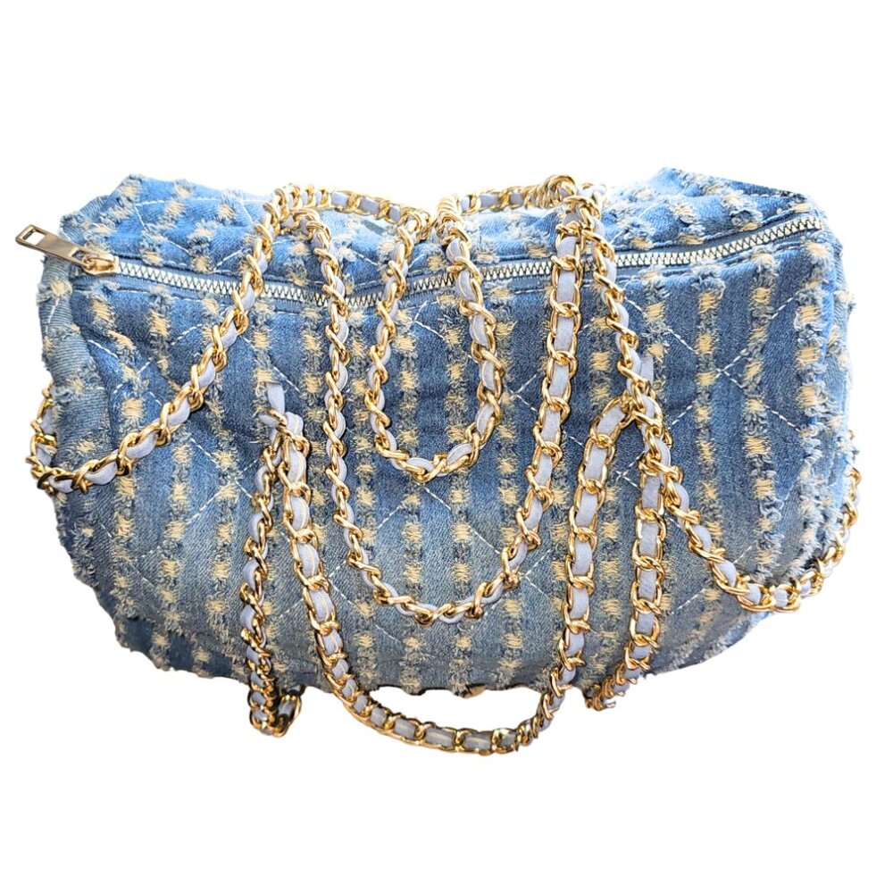 NWOT Olivia Miller Distressed Denim Quilted Satchel Bag 💙✨ Y2K Bowling Style - Picture 3 of 5